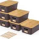 6Pcs Storage Bins with Lids, Stackable Plastic Storage Basket with Bamboo Lid, Pantry Organizer Box Small Containers for Organizing Shelves Drawer Desktop Closet Cabinet Office Classroom 10x7.1x4.1in