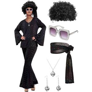 Jexine 70s Women Disco Outfit Costume Disco Party Top Pants Sunglasses Ball Necklace Earring Wig for Halloween New Year Eve(Black,Medium)