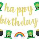 Gold Happy Birthday St Patricks Day Banner St Patrick's Day Birthday Banner for Saint Patricks Day Birthday Party Decorations