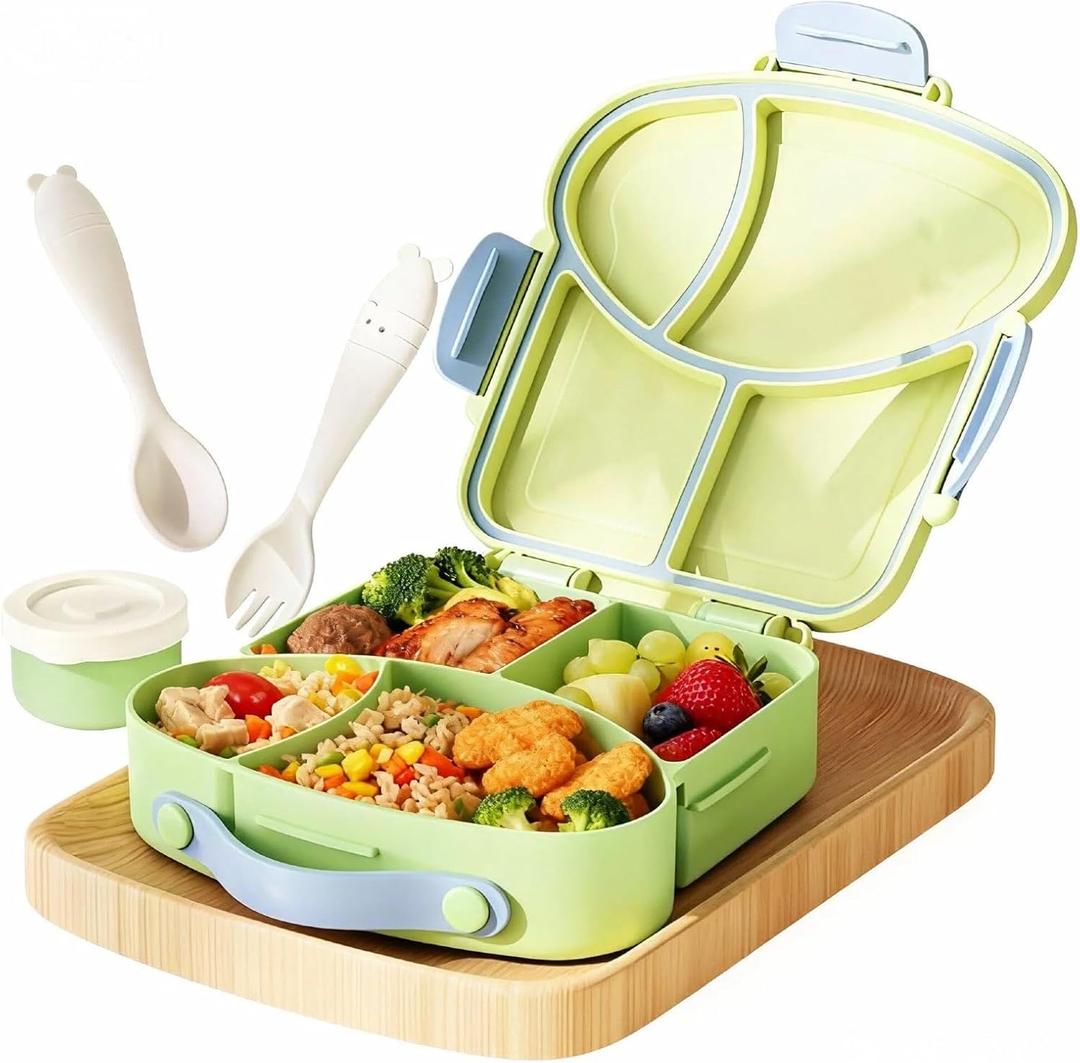 4 Compartment Lunch Box for Kids - Cute Bread Shapes Kids Lunch Box, BPA-Free PP Material, Unbreakable & Leak Proof, Easy to Clean, Ideal for School, Boys Girls (Lime Yellow)