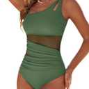 Womens Mesh One Piece Swimsuits Ruched Tummy Control Bathing Suit Modest Full Coverage Slimming Swim Suit (Green, XL)
