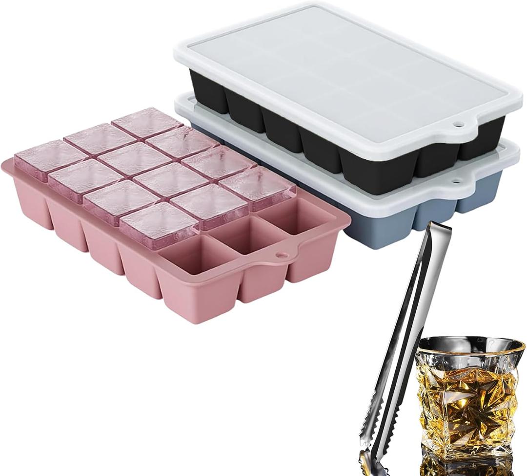 Large Silicone Ice Cube Trays with Lid, Make 15 Ice Cubes per Tray, Include 7.7in Ice Tongs - Ideal for Freezer, Drinks