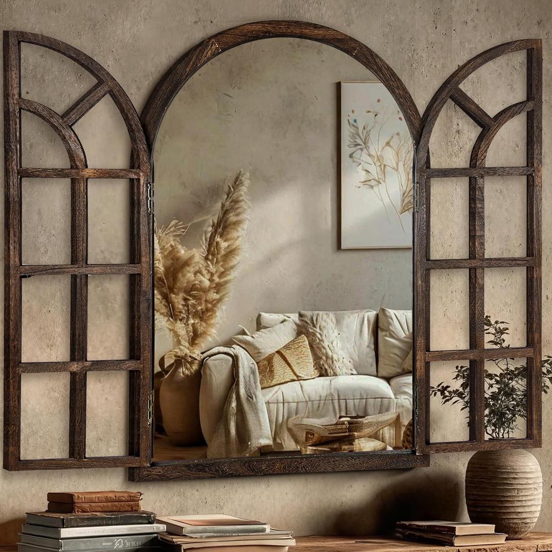 Arched Wall Mirror with Wood Window Frame, 36x24 Vintage Rustic Arch Farmhouse Mirror for Wall, Living Room, Bedroom, Entryway(Brown)