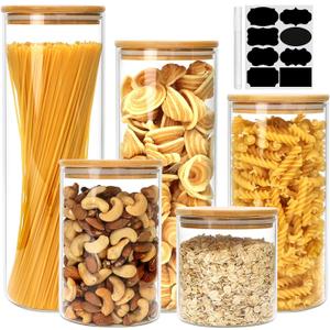 Airtight Glass Jars with Bamboo Lids, Glass Food Storage Containers Set - Set of 5 Kitchen Canisters for Sugar, Candy, Cookie, Rice and Spice Jars