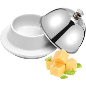 EATAKWARD Ceramic Butter Dish with Stainless Dome Cover, Cheese Dish with Lid, Small Cheese Plate Serving Tray with Silver Handled Lid for Countertop, Dessert, Cupcake, Cream Cake, Appetizer