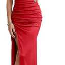 Women’s Elegant Ruched Maxi Dress – Spaghetti Strap Bodycon Party Dress with Slit & Open Back, Red XS