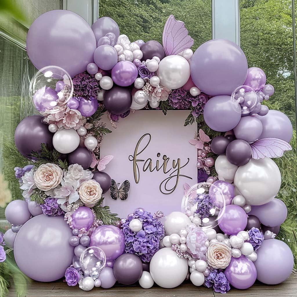 Purple White Balloon Garland Double Stuffed Light White Lilac Balloons Pearl Balloon Arch Kit For Lavender Fairy Birthday Baby Shower Wedding Wild Flower Bridal Shower Party Decor