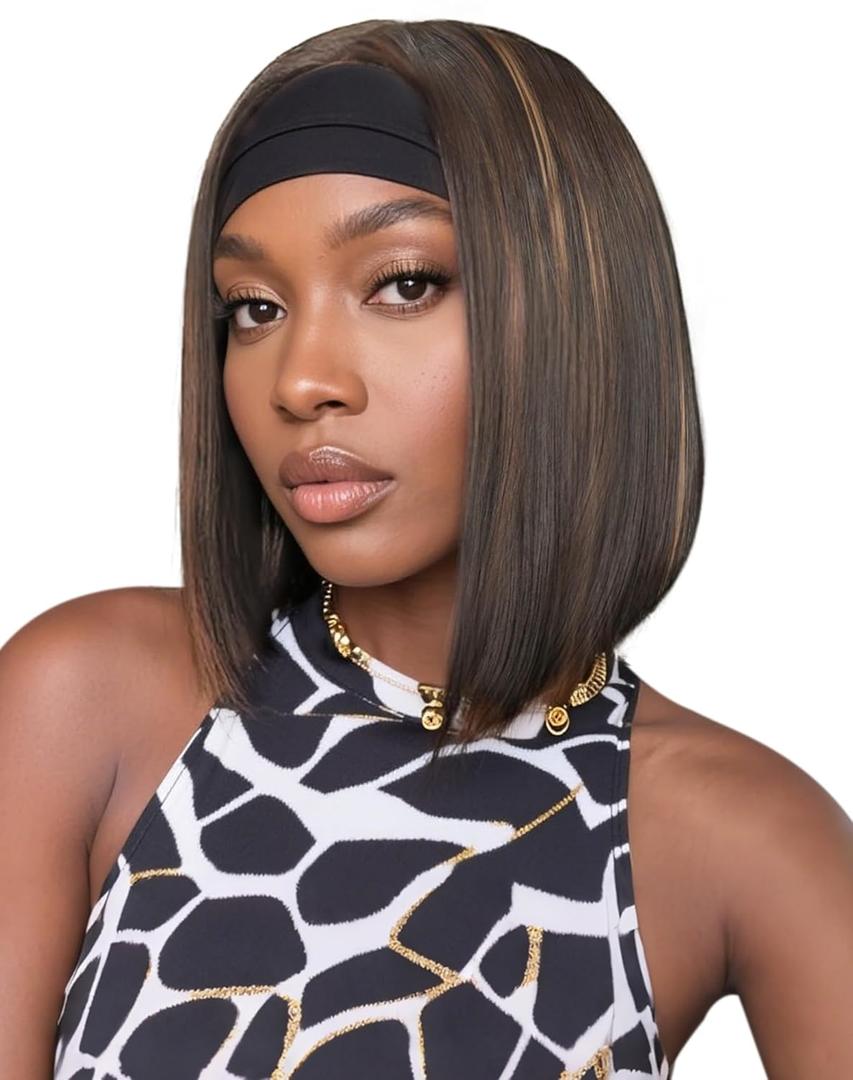 QUEENTAS 14" Straight Bob Headband Wig for Black Women, Glueless Wear and Go Synthetic Half Wig, No Lace Shoulder Length, #4/27 Brown with Honey Blonde Highlight