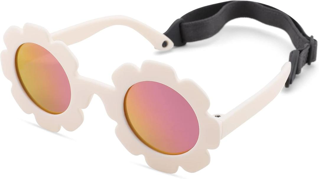 Bouryo Flexible Baby Polarized Flower Sunglasses with Strap Bendable Frame for Infant Boys Girls Ages 0-24 Months
