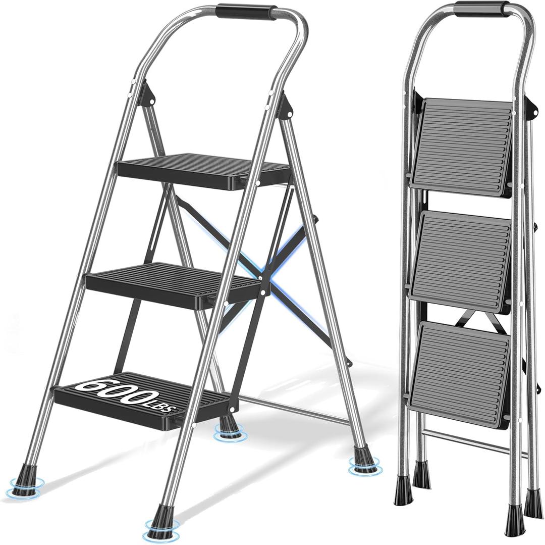 Step Ladder Foldable Folding Stool - for Home Adults Kitchen 3 Stepping Extension Tall Heavy Duty with Handrails - Closet Stepstool Stair Ladders Extendable Stepladder for Indoor House 600Lbs