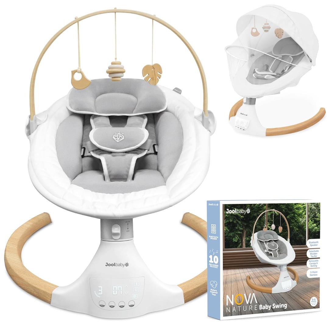 Jool Baby Nova Nature Baby Swing for Newborns  Natural Wood Toys, Electric Motorized Infant Swing, Bluetooth Music (Wood/White)
