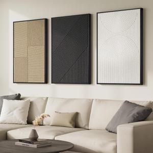 Framed 3D Textured Black and White Abstract Wall Art for Living Room, Large 3 Piece Boho Modern Artworks, Minimalist Brown Geometric Sandstone Prints for Entryway Hallway Office Wall Decor, 24x36 In