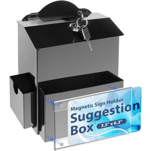 Suggestion Box with Magnetic Sign Holder, Metal Donation Boxes with Lock and Slot, Prayer Drop Ballot Raffle Tip Jars Wall Mounted Box for Fundraising Churches Offices School Black