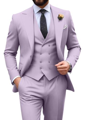 Men's Lilac Suits Formal Business Tuxedo 3 Piece Mens One Button Suit Jacket Double Breasted Vest Pants Suit Large
