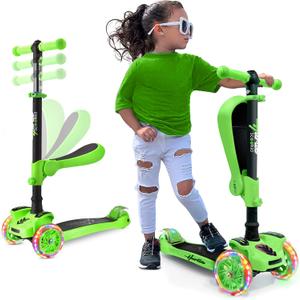 Hurtle 3-Wheeled Scooter for Kids - Wheel LED Lights, Adjustable Lean-to-Steer Handlebar, and Foldable Seat - Sit or Stand Ride with Brake for Boys and Girls Ages 1-14 Years Old (Green)