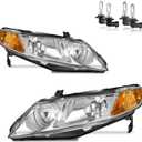 Headlights Assembly for 2006-2011 Honda Civic 4-Door Headlamp Replacement Chrome Housing Driver & Passenger Side (NOT fit 2-Door) (Polished Chrome | With High & Low Beam Bulbs)