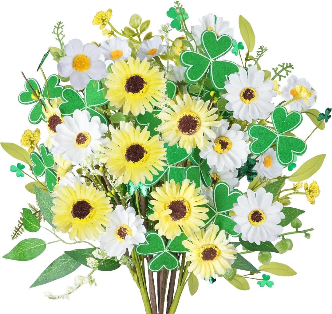 8Pcs St Patricks Day Artificial Flowers, Artificial Shamrock Daisy Picks Fake Gerbera Clover Flower Floral Branches for St. Patrick's Day Cemetery Home Party Table Centerpiece Irish Decor