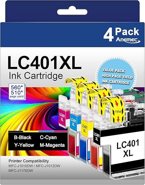 LC401XL Ink Cartridges for Brother Printer High Yield Replacement for Brother LC401 XL Ink Cartridges Work with MFC-J1010DW MFC-J1012DW MFC-J1170DW Printer (4 Pack，Black Cyan Magenta Yellow)