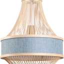 Blue Linen Lamp Shade Creative Chandeliers Farmhouse Bamboo Cage Wicker Pendant Light Fixtures E26 Adjustable Ceiling Mount Hanging Lamp for Living Room, Dining Room, Bedroom, Entryway Decor