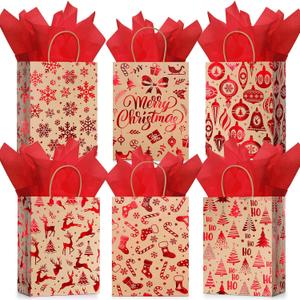 Censen 24 Pcs Medium Christmas Gift Bags with Tissue Paper Xmas Kraft Paper Goodie Bags with Handle Bulk for Christmas Gift Wrapping Holiday Party Supplies 10 x 8 x 4''(Red Snowflake)