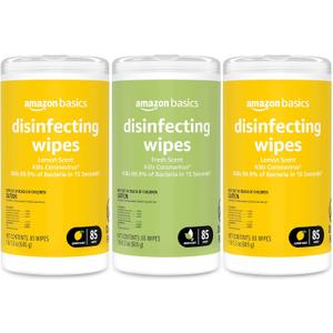 Amazon Basics Disinfecting Wipes, Lemon & Fresh Scent, Sanitizes/Cleans/Disinfects/Deodorizes, 255 Count (2 Packs Lemon, 1 Pack Fresh Scent)