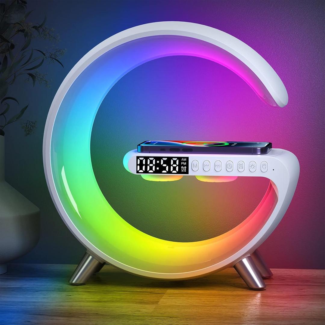 2026 New Smart Table Lamp with 4-in-1 Wireless Charger, Bluetooth Speaker, Alarm Clock, Night Light, App Control, for Bedroom, Office, Home Decor (White)