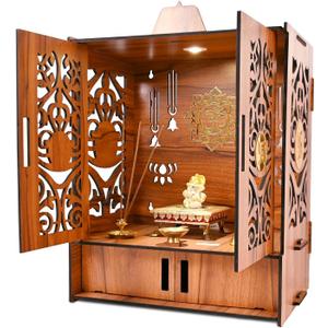 Wooden Pooja Mandir Temple for Home with LED Light, Storage Cabinets and Wall Mounts, Decorative Carved Doors with Om Symbol, Brown Finish, 17.3 x 11 x 10.6 Inches