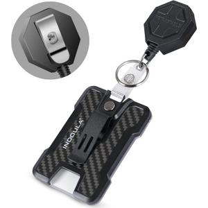 Retractable Badge Holder with Belt Clip,Heavy Duty Retractable Keychain with Tactical ID Card Holder (Holds 4 Cards),Carbon Fiber-Texture, with 31.5Badge Reel,Black