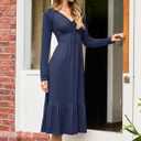 AUSELILY Women's Empire Waist Dress Long Sleeve V Neck Drawstring Long Flowy A-line Midi Casual Fall Dresses 2025 (Blue, M)