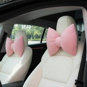 Macarrie 2 Pcs Car Neck Pillow Velvet Bow Headrest Pillow Soft Comfortable Seat Neck Support Cute Bow Car Accessories for Driving Travel Driver Chair Girl Style Interior Decor(Pink)