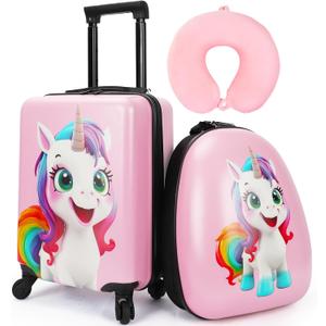emissary 3 Pieces Unicorn Kids Luggage Set for Girls, 16" Hardside Carry on Luggage with Spinner Wheels, Toddler Suitcases Set Travel Rolling Kid's Luggage Airline Approved (Pink Unicorn 02)