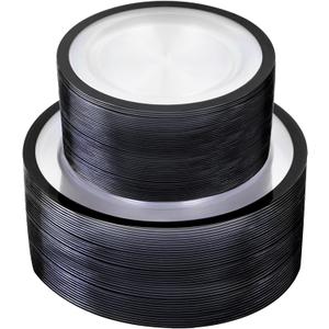 U-QE 100pcs Black Plates Disposable for Party - Clear and Black Plates Disposable Heavy Duty - Fancy Disposable Plates Include 60 10" Dinner and 60 7" Dessert Plate, Perfect for Party & Wedding