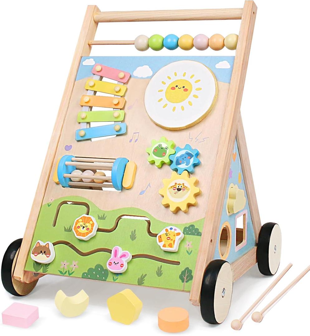 Wooden Baby Walker with Wheels, Montessori Baby Push Walker for Babies 6-12 Months, Baby Activity Center Walking Toy for 1 Year Old Learning to Walk Toddler Girls Boys
