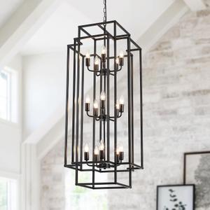 15-Light Lantern Chandelier for Foyer Large Black High Ceiling Chandelier with 3-Tier Candle Design, Modern Farmhouse Entryway Lighting Fixture for Staircase, Two Story Living Room, E12