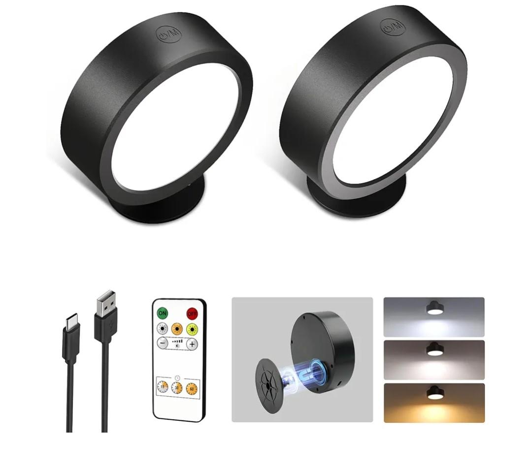 EZVALO LED Wall Mounted Lights, 5500mAh Rechargeable Wall Sconces Lamp, 3 Color Temps & Remote and Touch Control, 360°Rotation Dimmable Cordless Wall Light for Bedroom Reading Study Bedside (2 Pack)