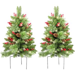 Christmas Tree 30 inch Prelit 2 Set Pathway Porch Christmas Trees Pre-Light LED Battery Operated Outdoor Xmas Decor for Entrance Driveway, Yard, Garden, Red Berries, Pine Cones