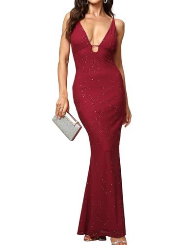 JKMNAO Women Sequin Sexy Maxi Dress Cocktail Long Formal Wedding Guest V Neck Sparkly Dresses Wine, XS