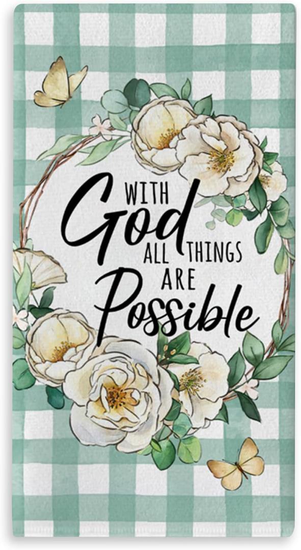 3 x Christian with God All Things are Possible Kitchen Dish Towel, Religious Inspirational Floral Drying Hand Towel Baking Cooking Cloth, Flowers Buffalo Plaid Farmhouse Home Decoration 18'' x 26''