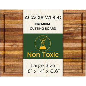Large 18x14 Inch Acacia Wood Cutting Board, 0.6" Thin Edge Grain w/Deep Juice Groove & Handle for Meat, Bread, Cheese, Kitchen Prep, Solid Hardwood, Non-Toxic, BPA-Free by New M Way
