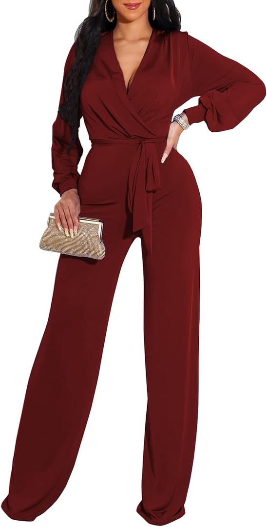 shengfan Formal Jumpsuits for Women Dressy Evening Sexy Deep V Neck Plus Size Long Wide Leg Pants Rompers Clubwear (Small, 049red)