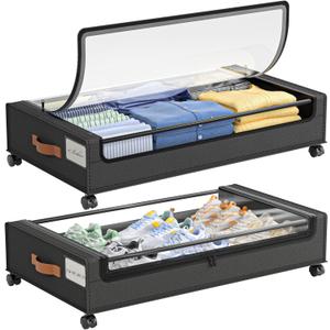 LAMU Under Bed Storage with Wheels, 2 Pack Under Bed Storage Containers with Clear Lid, XXL 60L Underbed Storage Bins, Rolling Under Bed Metal Drawers for Clothes, Blankets, Shoes, Black