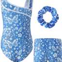 RONGTAI Gymnastics Leotards for Girls 11-12 Children Ballet Dance Outfit Sleeveless Sloping Shoulders Biketards Unitards with Shorts 3Pcs Sets Butterfly Print Athletic Blue