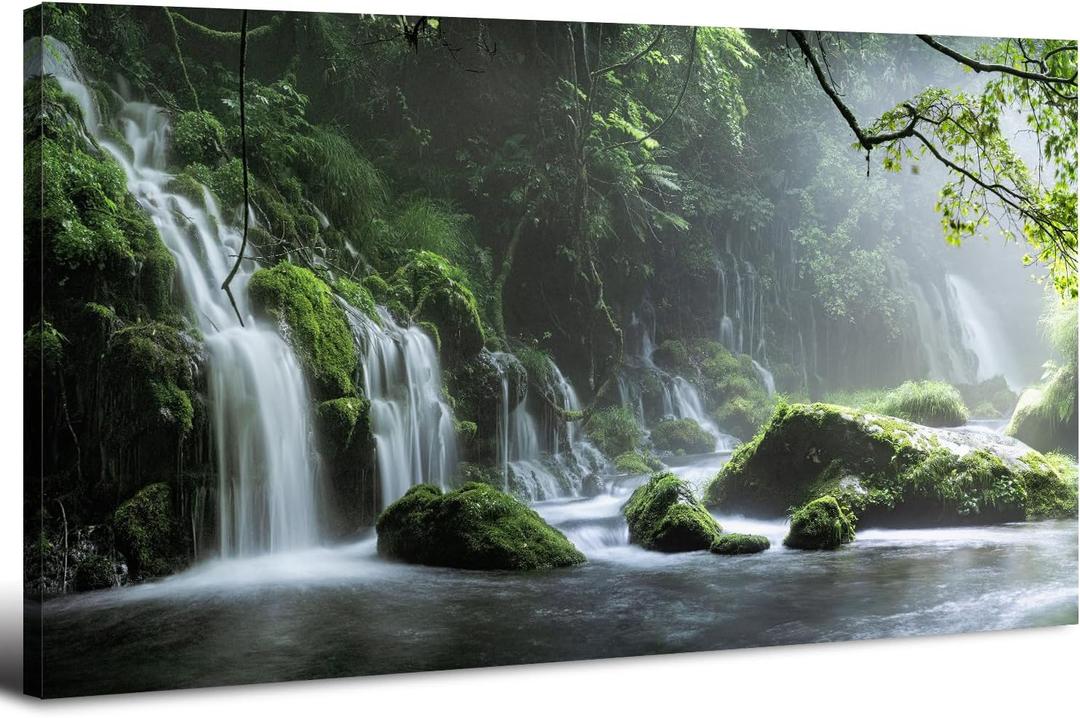 Waterfall Wall Art Nature Forest Lake Picture Wall Decor for Living Room Foggy Mountain Landscape Painting Prints Bedroom Wilderness Woodland Poster Stream Artwork Bathroom Home Decoration 20x40"