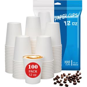 Disposable Paper Coffee Cups 12 oz 100 Count, Leak-Proof Paper Cups 12 oz, Sturdy White Coffee Cups for Cold and Hot Drinks, Party, Office, Travel and Events