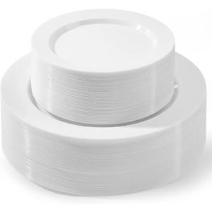 100 PCS White Plastic Plates, Plastic Thanksgiving Plates Disposable Include 50 Dinner Plate and 50 Dessert Plate Perfect for Holiday, Wedding & Thanksgiving Party