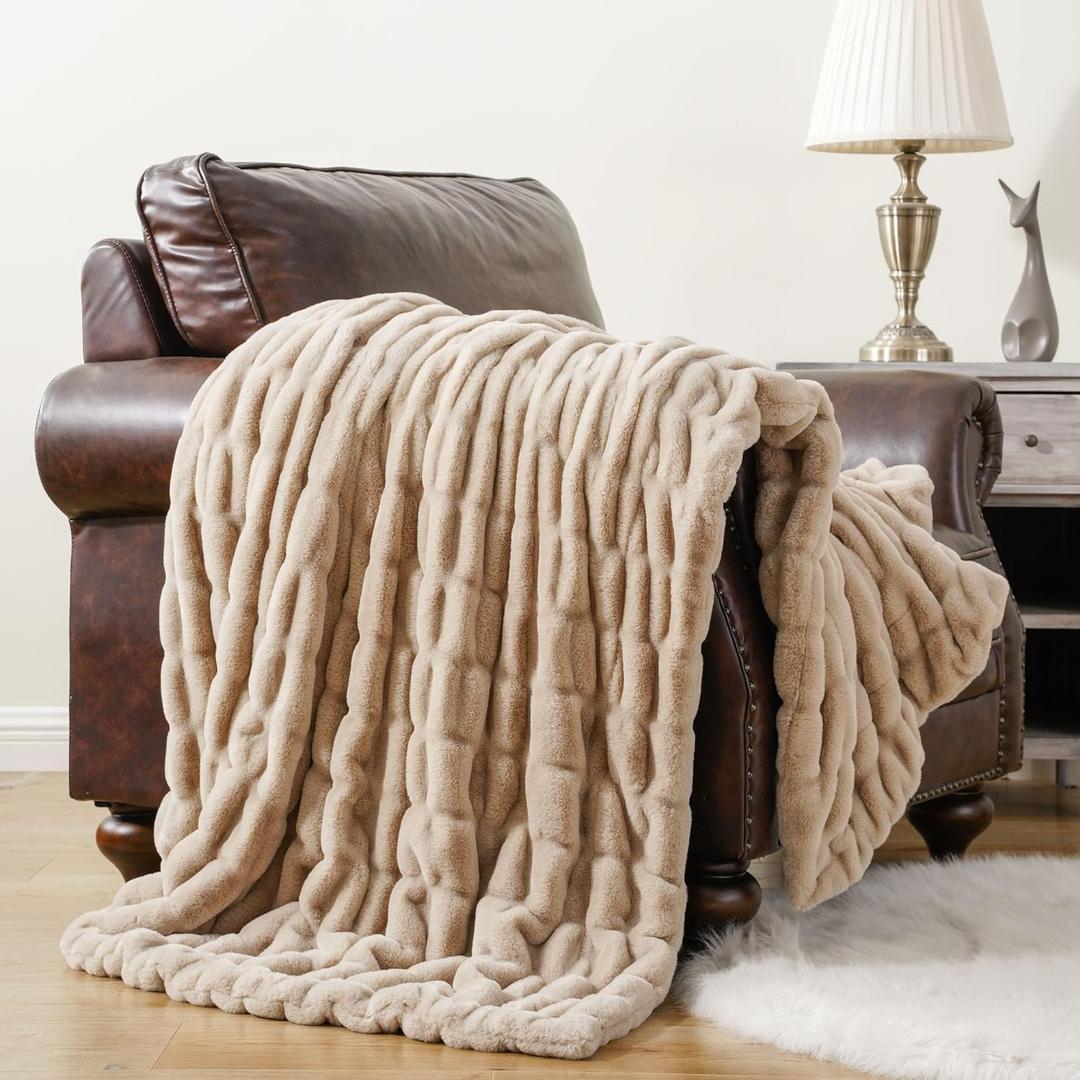BATTILO HOME Beige Faux Fur Throw Blanket for Bed, Large Double Side Reversible Ruched Rabbit Fur Blanket for Couch, Living Room, Soft Warm Mink Cozy Blanket, 60x80 Inch (Tan)