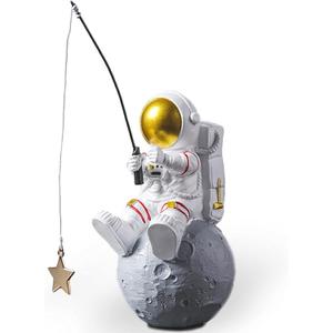 Astronaut Figurine Statue, Astronaut Fishing Star Figure Sculpture for Desktop & Tabletop Decor, Resin Spaceman Planet Desk Ornament for Outer Space Themed Bedroom Decor, Cake Topper Decoration Model