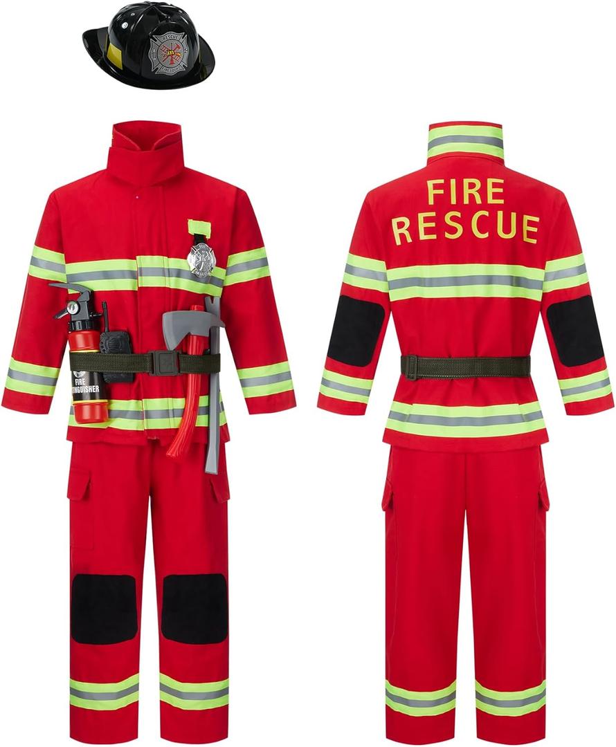 Kosgraiy Firefighter Costume for Kids, Red Fireman Costume for Boy and Girl, Kids Fire Chief Outfit, Halloween, 9pcs, Size M for Children 4-6Years