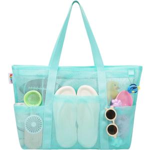 Tagitary Mesh Beach Bag with Zipper Large Beach Tote Waterproof Sandproof with 8 Pockets for Toys Pool Bag Beach Accessories (Blue)