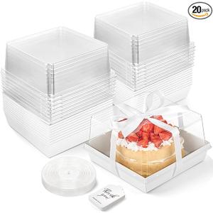 7 x 7 x 4 Inches Paper Cake Boxes with Clear Lids, 20 Pack Disposable Charcuterie Boxes Square Food Containers for 4-6 Inch Cake, Dessert, Pie, Cupcake, Bakery (White)